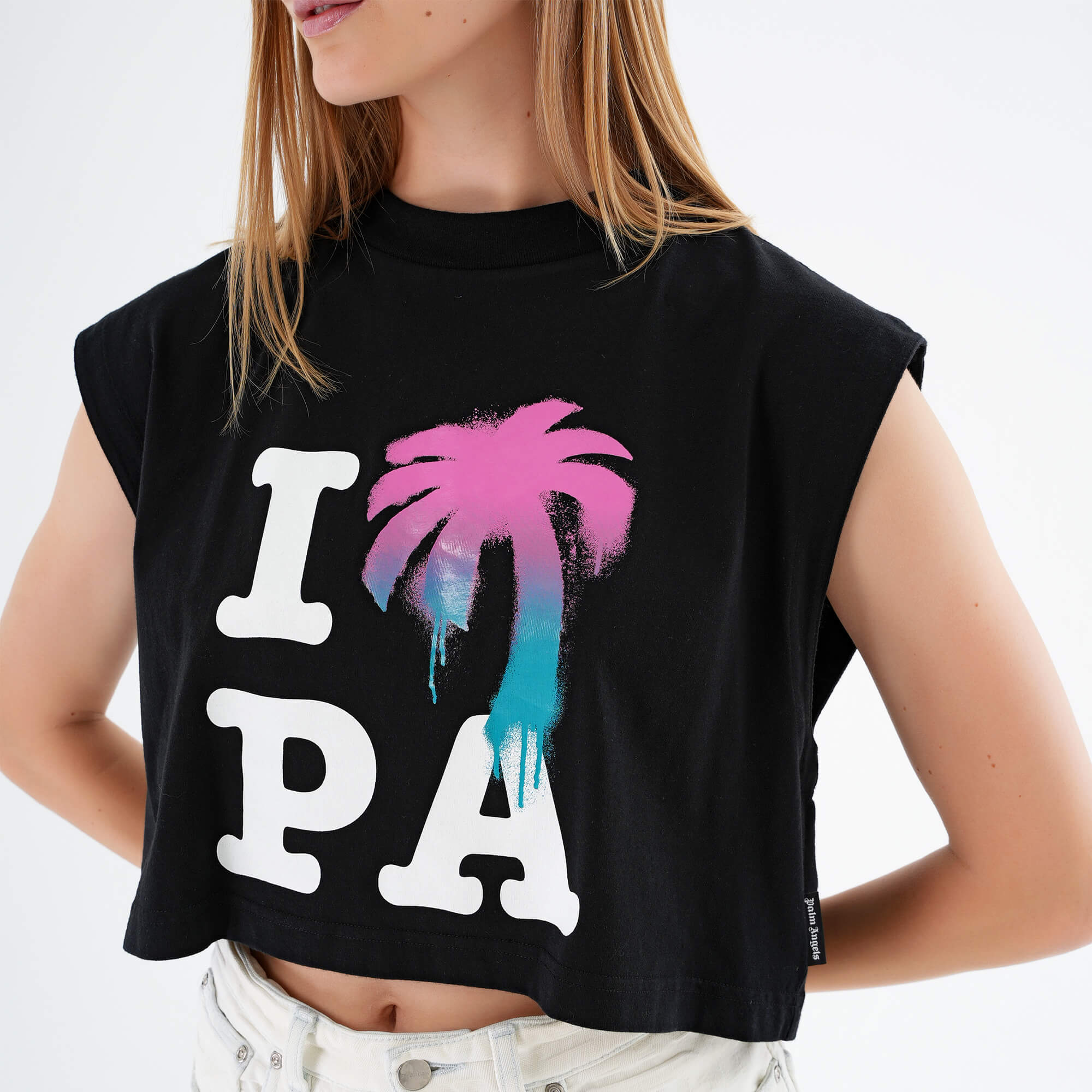 Palm Angels - Black Cropped Printed I Love PA Mescle Tee S